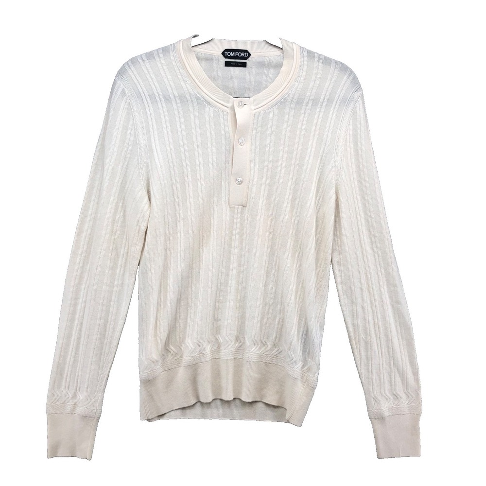 Tom Ford Ribbed Henley Sweater Jumper Mens Small 44 Cashmere Silk White Designer
